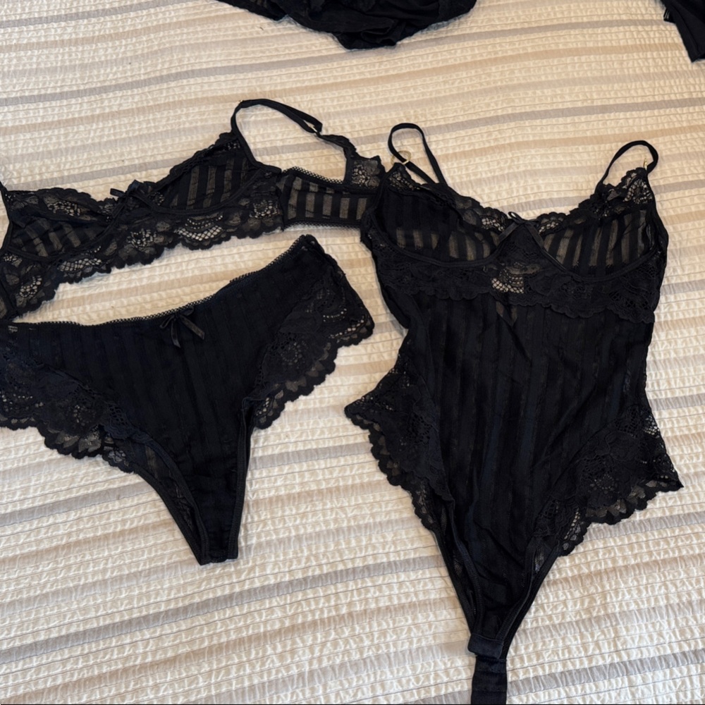 Black Lace Bralette, Bikini Brief & Bodysuit Set - Women Intimates
